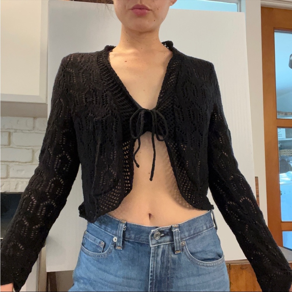 Vintage crochet black sweater knit y2k 90's 00's cardigan shrug ted kenton tie